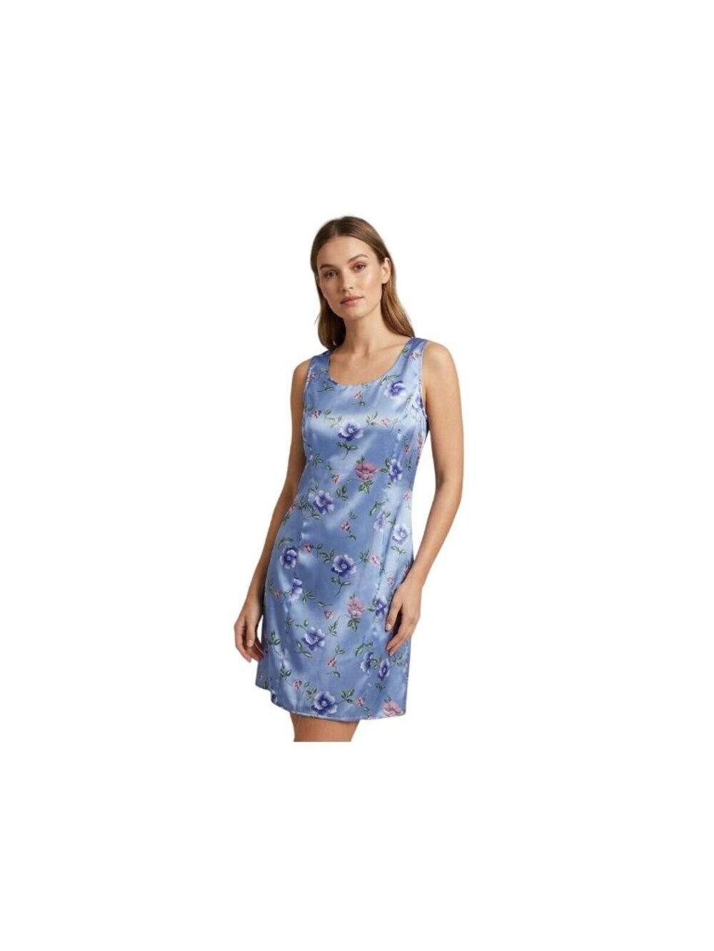 VTG Y2K Blue Floral Tank Dress Sz M Satin Sleeveless Scoop Neck Cottage Summer